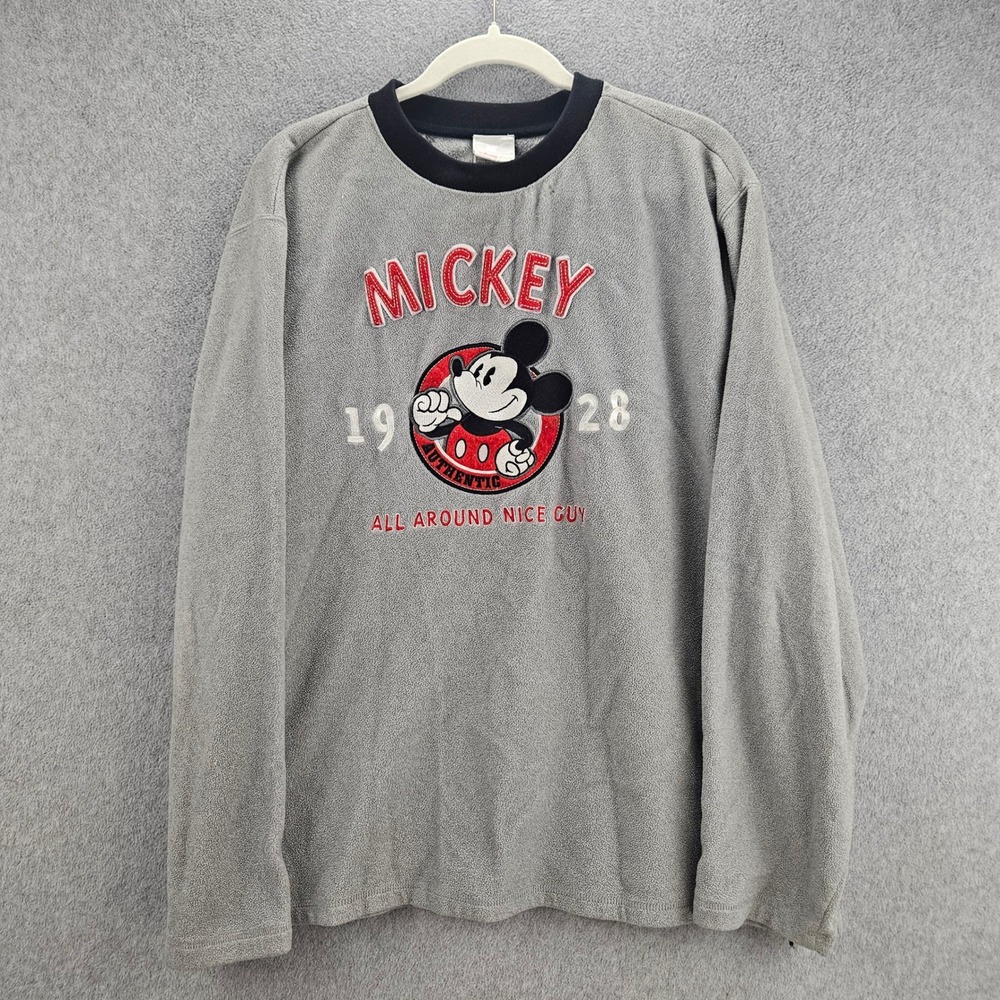 DISNEY STORE Fleece Pullover Mens L Gray Mickey Mouse Embroidered Retro Warm